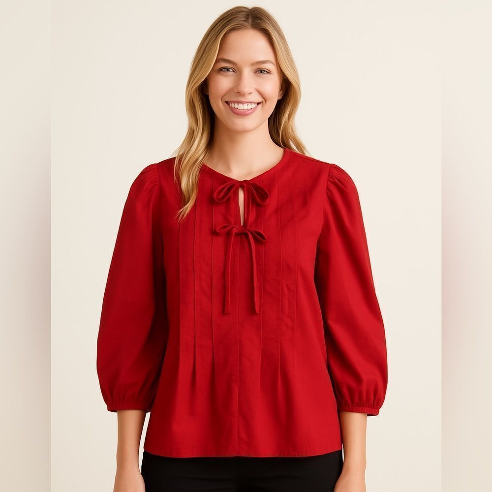 Pinch Pleated Red Blouse with Bow Detail